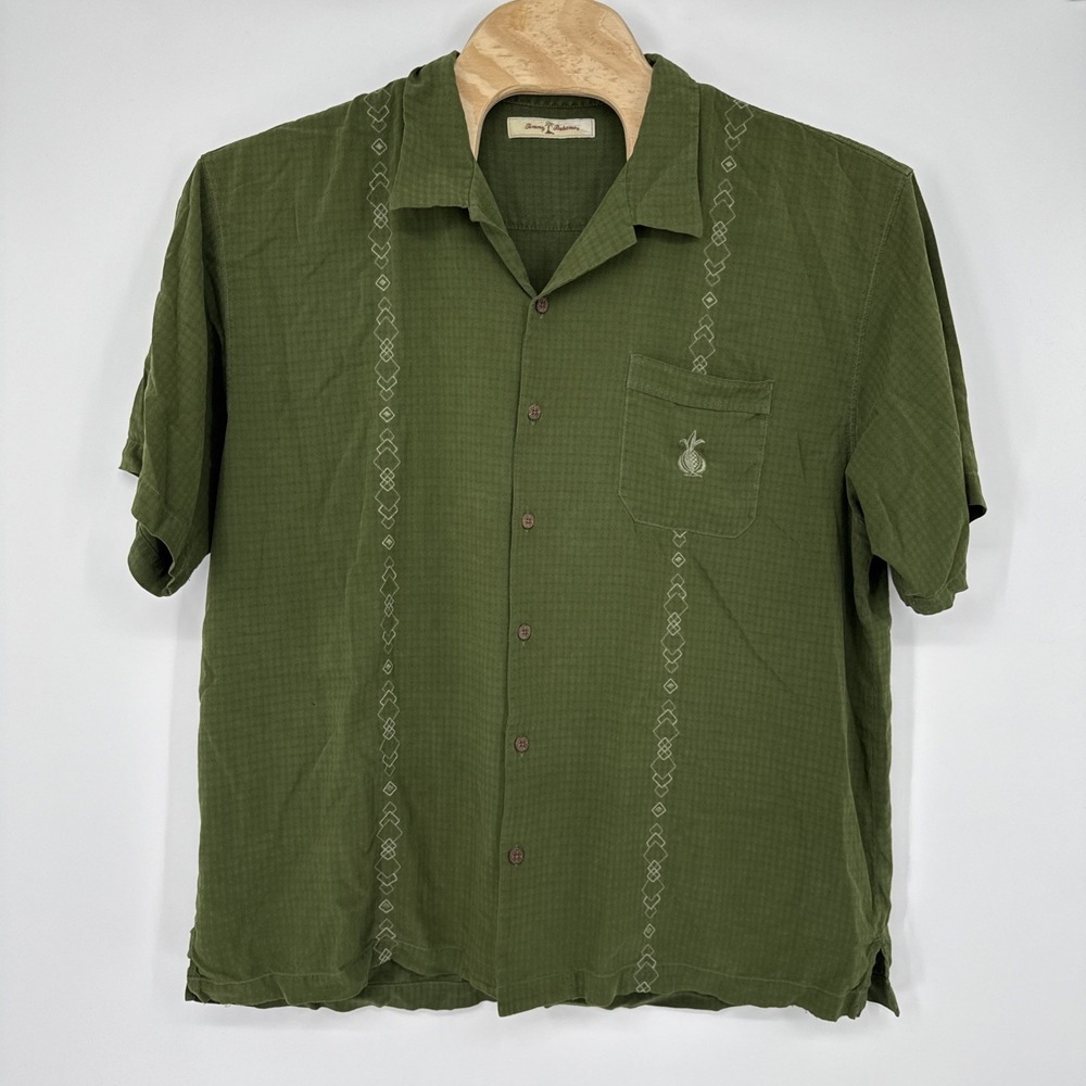 Tommy Bahama Hawaiian Silk Button Shirt Men XXL Short Sleeve Green Pineapple